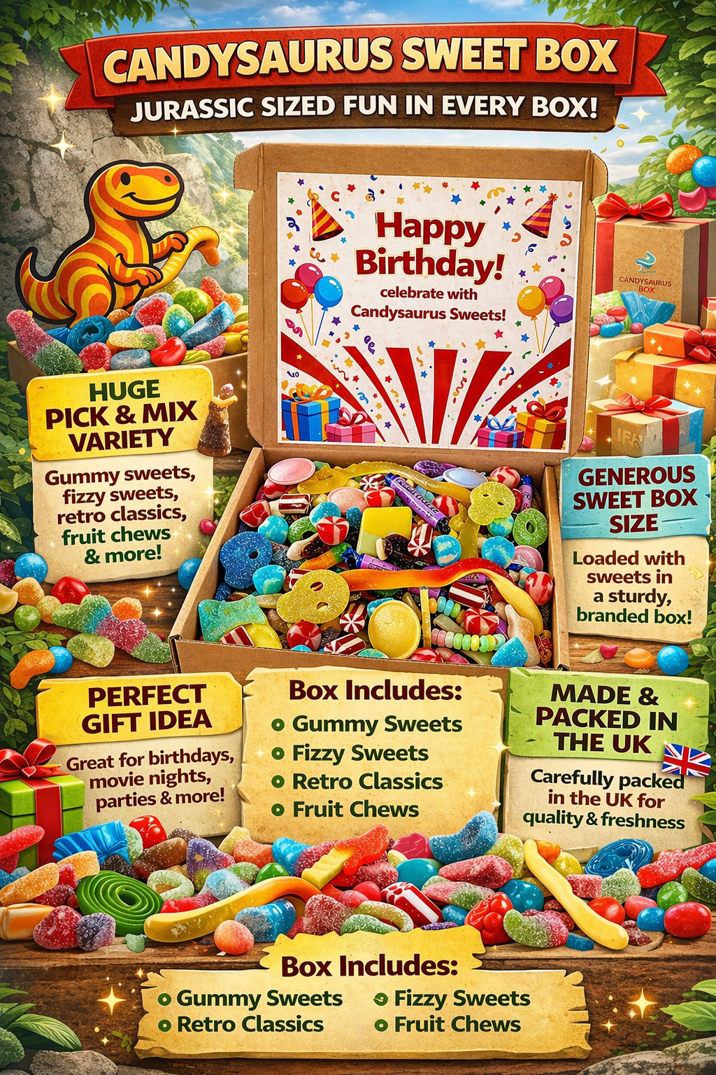 Happy Birthday Pick & Mix Sweets Box, premium Large Candy Gift Box, Retro & Modern Random Sweet Selection, Perfect Birthday Present, (1KG) Candysaurus