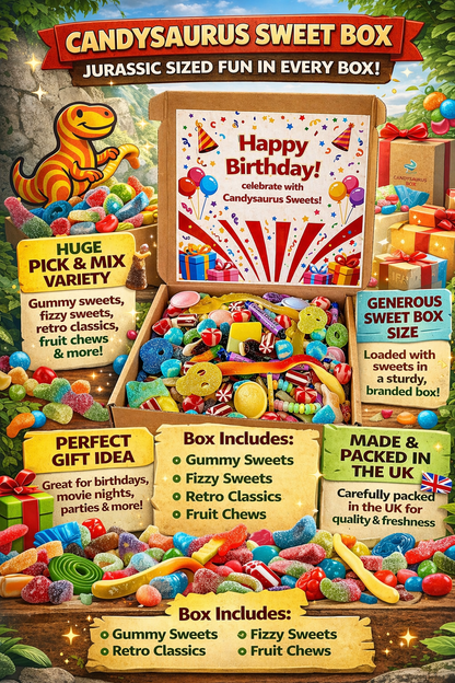 Happy Birthday Pick & Mix Sweets Box, premium Large Candy Gift Box, Retro & Modern Random Sweet Selection, Perfect Birthday Present, (1KG) Candysaurus