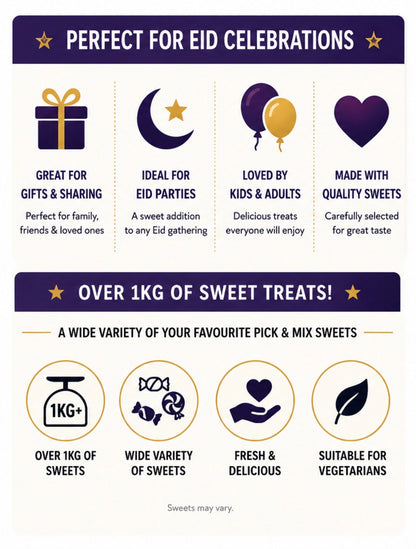 Eid Mubarak Pick & Mix Sweets Box, Premium Halal Large Candy Gift Box, Retro & Modern Random Sweet Selection, Perfect Eid Present, (1KG)