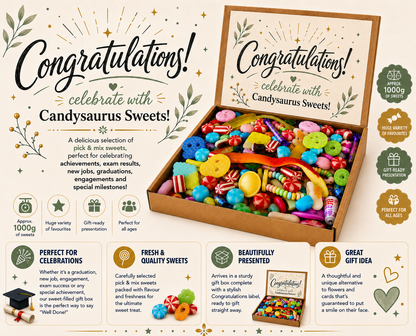 Congratulations Sweet Gift Box – 1kg Pick & Mix Sweets Hamper – Candy Gift Box for Graduation, Exam Results, New Job, Engagement, Well Done Gift, Celebration Present for Men, Women & Teenagers