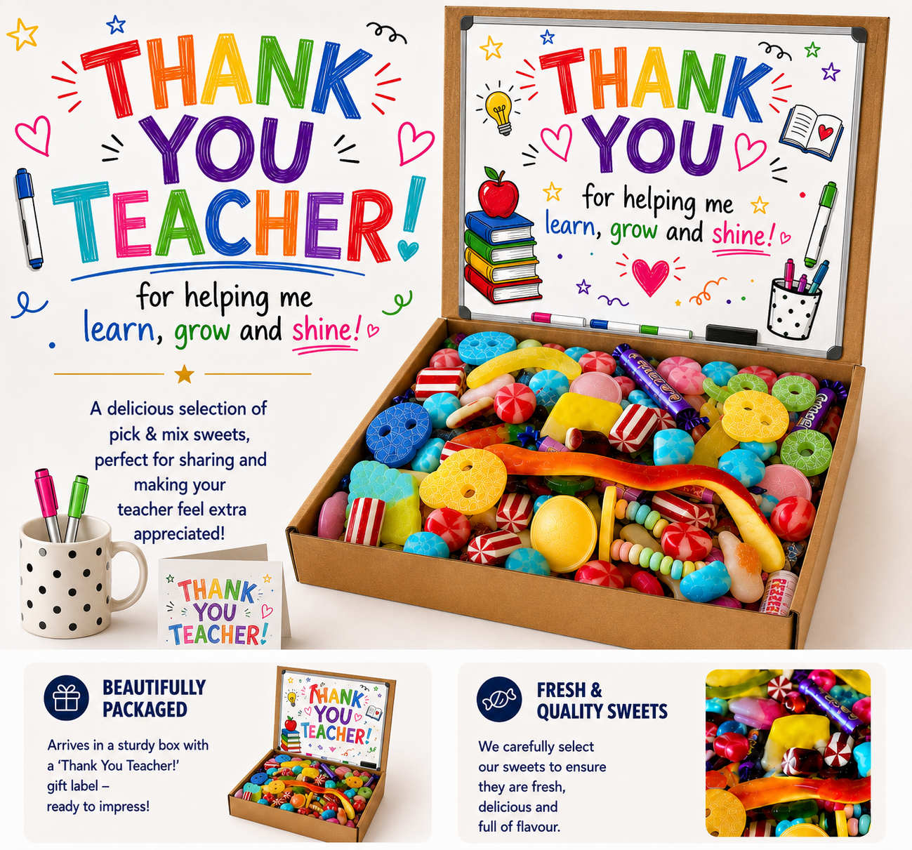 Teacher Gift Box, Thank You Teacher Present, Pick & Mix Sweets Hamper, 1kg Assorted Candy Selection, End of Term Gift (1KG) Candysaurus